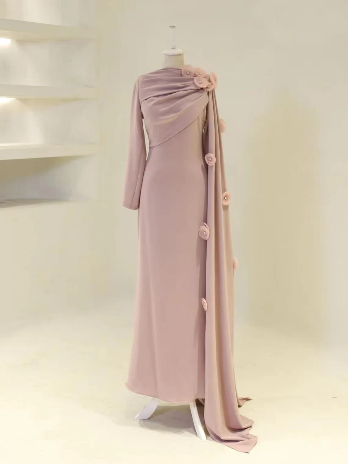 Customized Classic Jersey Pleat Handmade Flower Rhinestone A-line High Collar Long Dresses Evening Dresses Sizes Available Retro