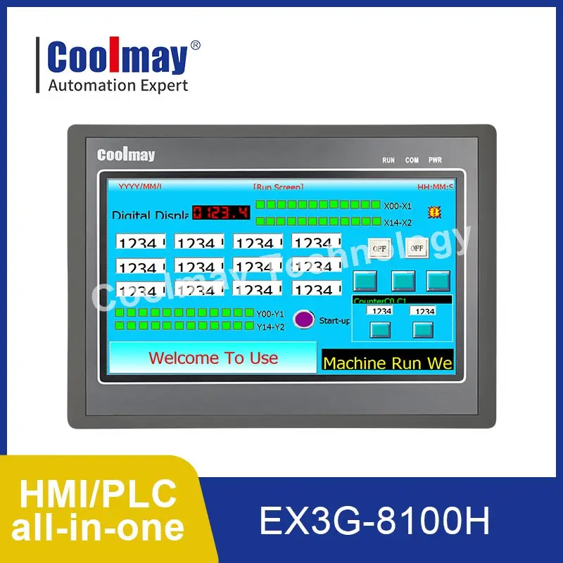 Coolmay HMI PLC 10 Inch All in One EX3G QM3G 24MR 44MT 60MT 60MRT Integrated with Ethernet 485P Compatible with FX3G/FX3U/FX3S