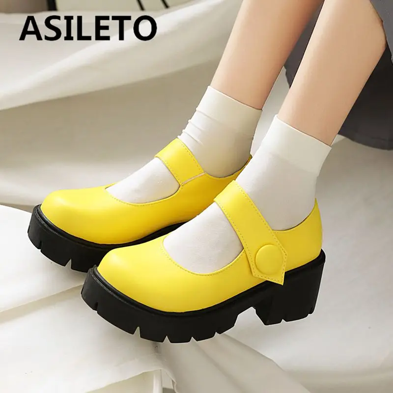 

ASILETO New Women Mary Janes Pumps Round Toe Block Heels 6.5cm Platform 2.8cm Hook&Loop Plus Size 41 42 43 Casual Daily Shoes