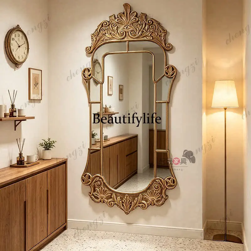 French retro carved full-length mirror European full-length mirror living room American luxury wall-mounted decorative mirror