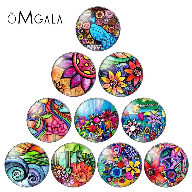 Watercolorful Sun Flowers Paintings  mixed 10pcs 12mm/18mm/20mm/25mm Round photo glass cabochon demo flat back Making findings