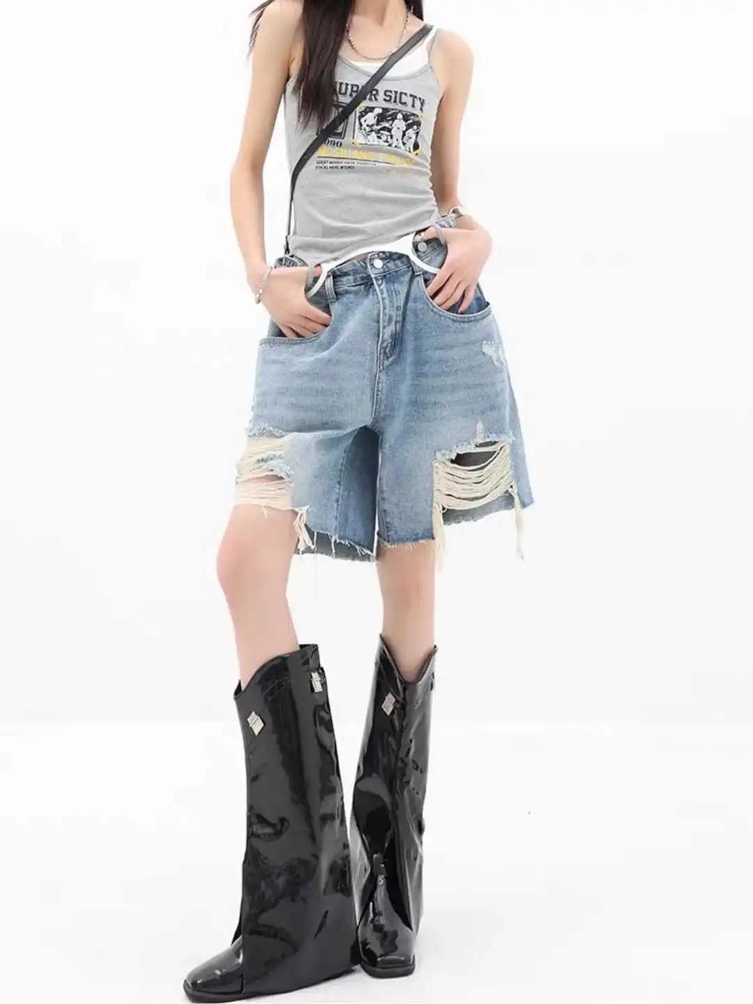 

Summer Women American Boyfriend Ripped Denim Shorts Y2K 2000s Japanese Punk Harajuku Streetwear Tide Jean Knee Length Pants New
