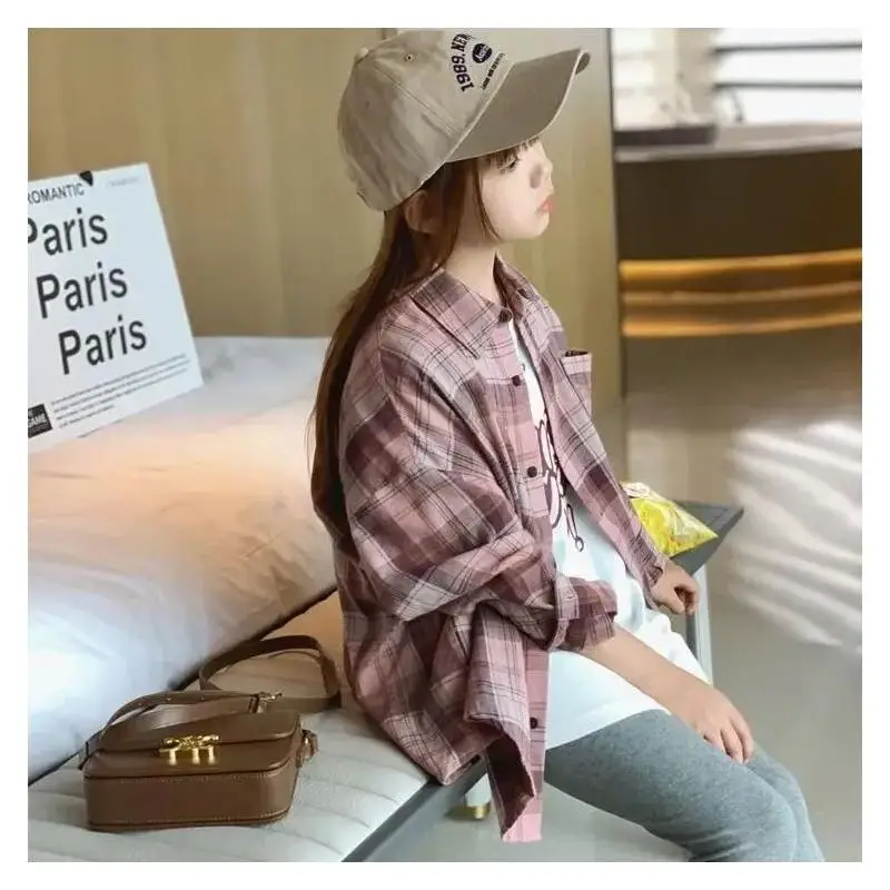 Girls Plaid Shirt Jacket Spring Autumn  New Loose Casual Blouse Top Oversized Trendy Outerwear School Daily Cute Fashion Coat