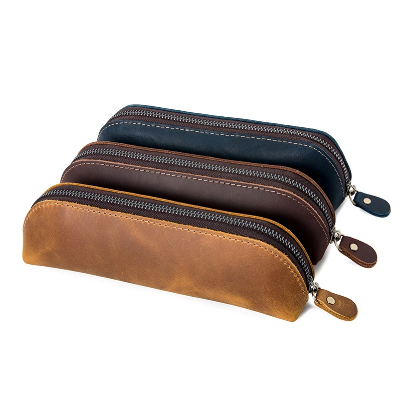 Genuine Leather Pencil Case Portable Zipper Pencil Bag Multifunction Makeup Cosmetics Storage Pouch School Office Supplies