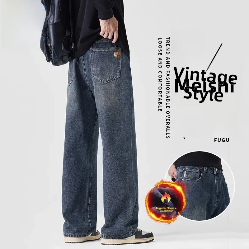 

Мужские джинсы с подкладкой, повседневные, свободные, прямые, рабочие брюки, осень-зима, новые, стильные, удобные, из хлопкового денима