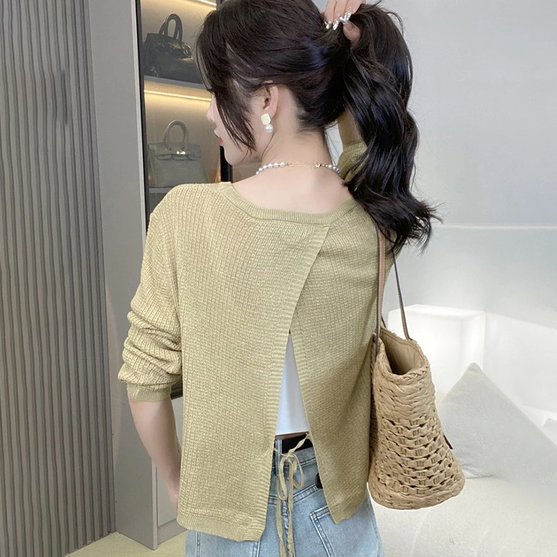 

1Pcs Thin Knit Sweater Women's Long Sleeve Open Back Round Neck Sunscreen Tops