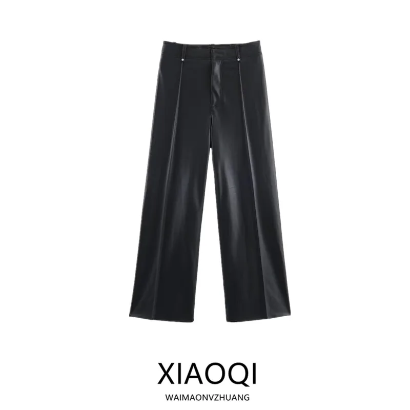 Women's Casual High Waist Straight Leg Pants Leather Effect Loose Fit Custom Made Trousers Versatile Autumn New Arrival