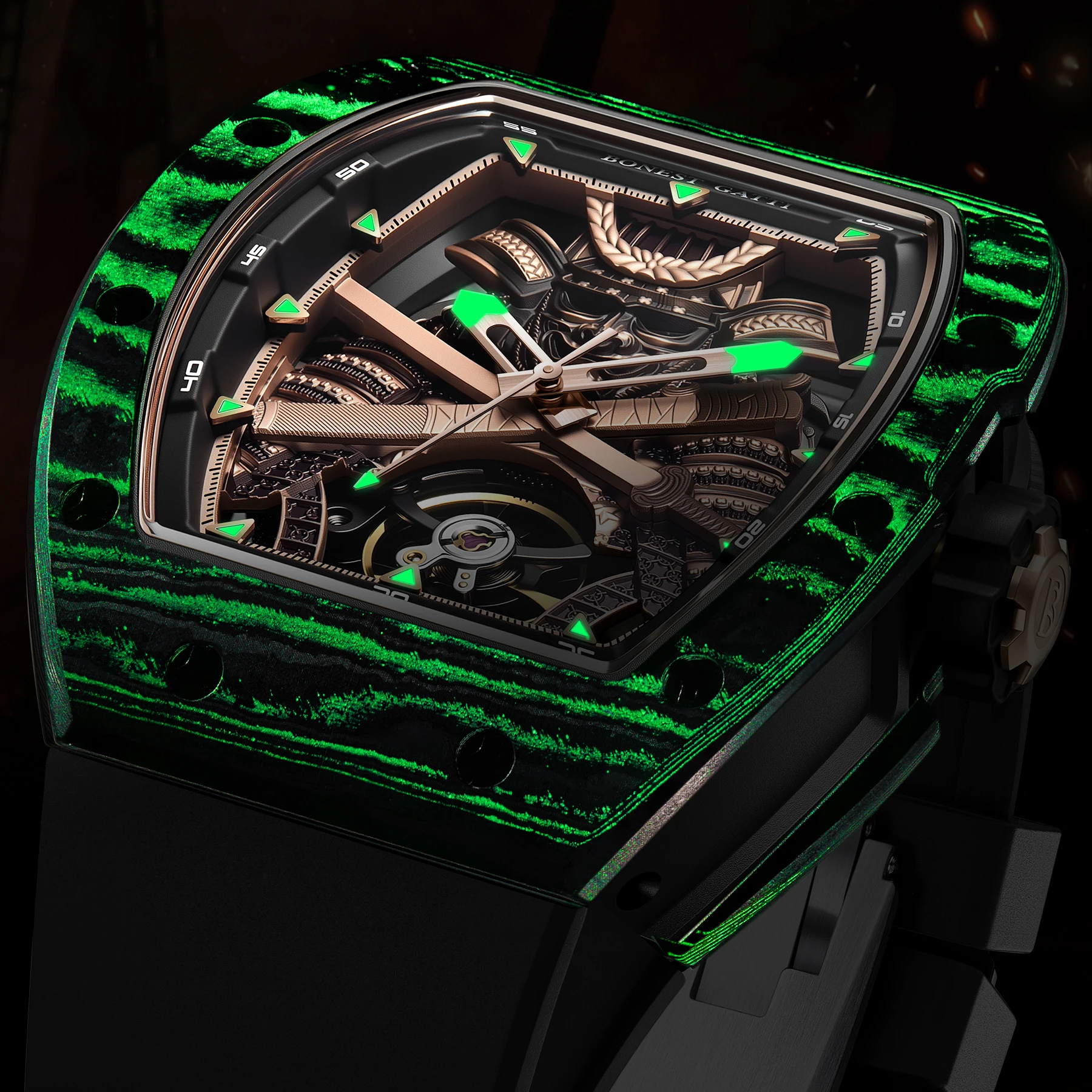 BONEST GATTI ผู้ชายนาฬิกาอัตโนมัติ 42 มม.* 54 มม.Tonneau นาฬิกาข้อมือ Luminous คาร์บอนไฟเบอร์ BEZEL Luminous Skeleton Ninja Dial