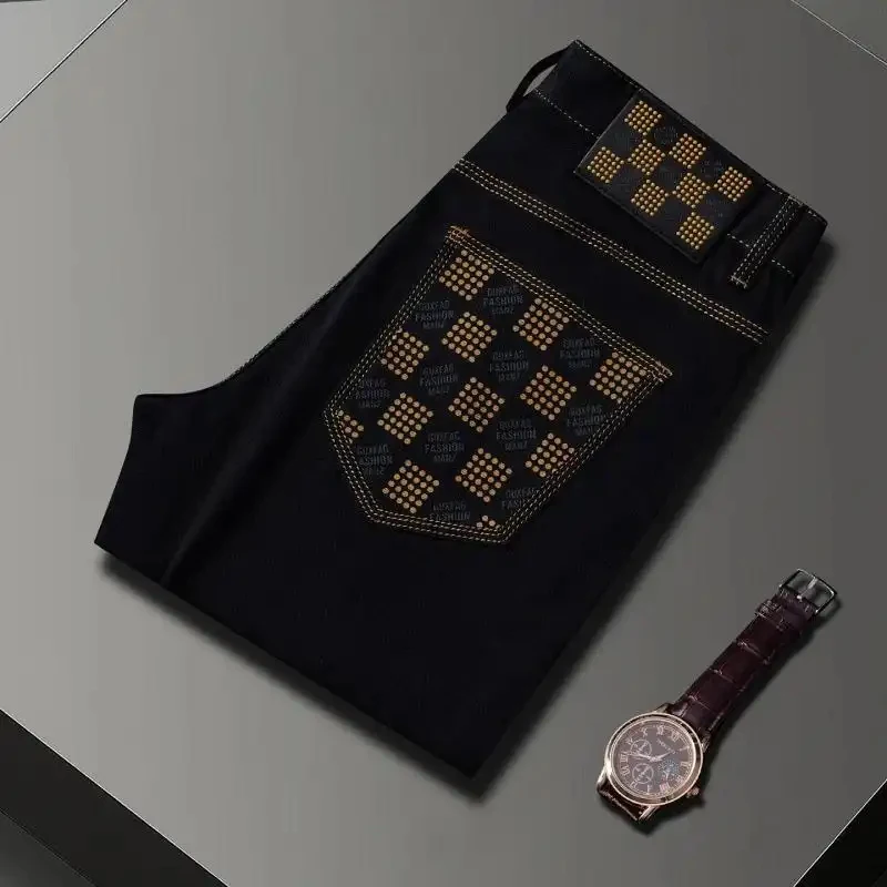 

2026 Summer Flower Season New Men's Premium Black Thin Jeans Luxury Print Slim Fit Straight Leg Fashion Casual Denim Pants