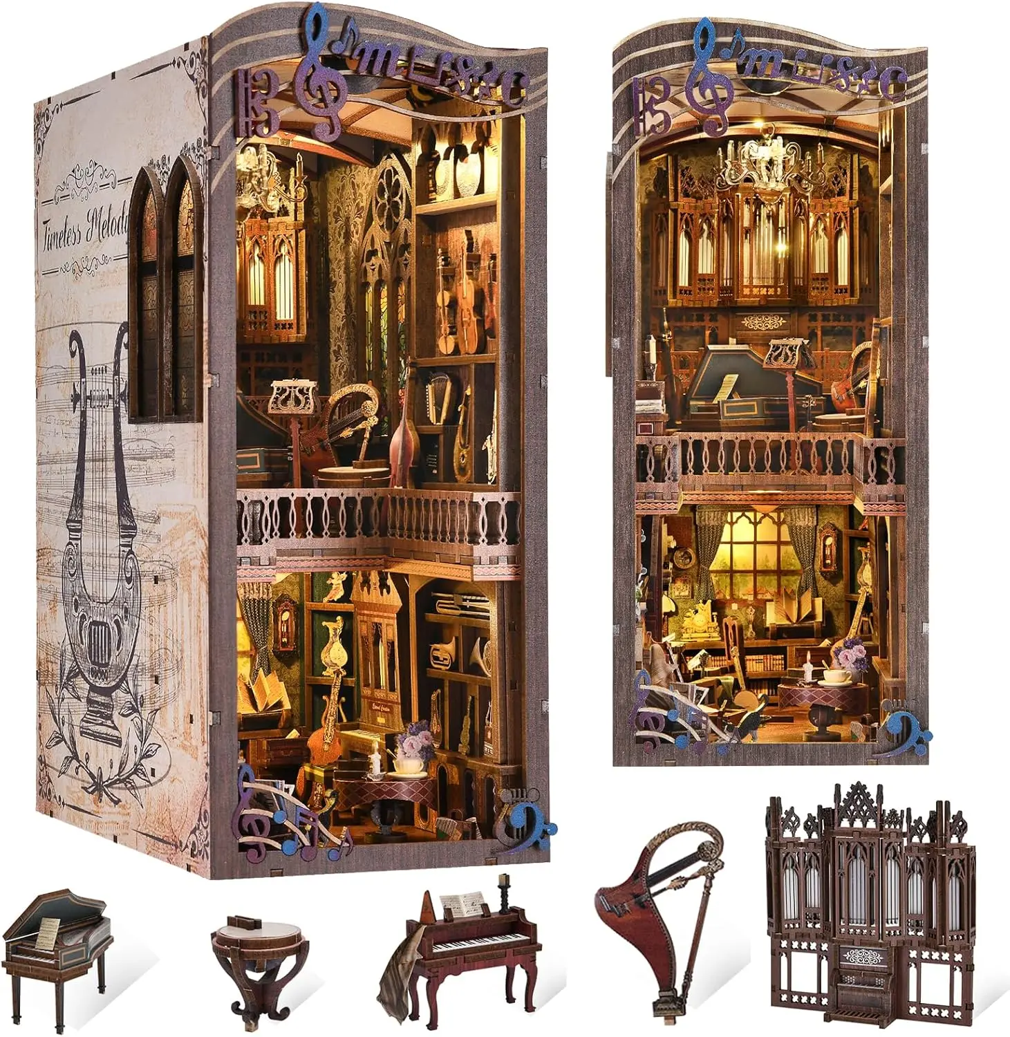 Book Nook Kit Music, DIY Miniature House Kit Book Nook, 3D Wooden Puzzle Bookshelf Insert Diorama Kit with Led Light for Teens a