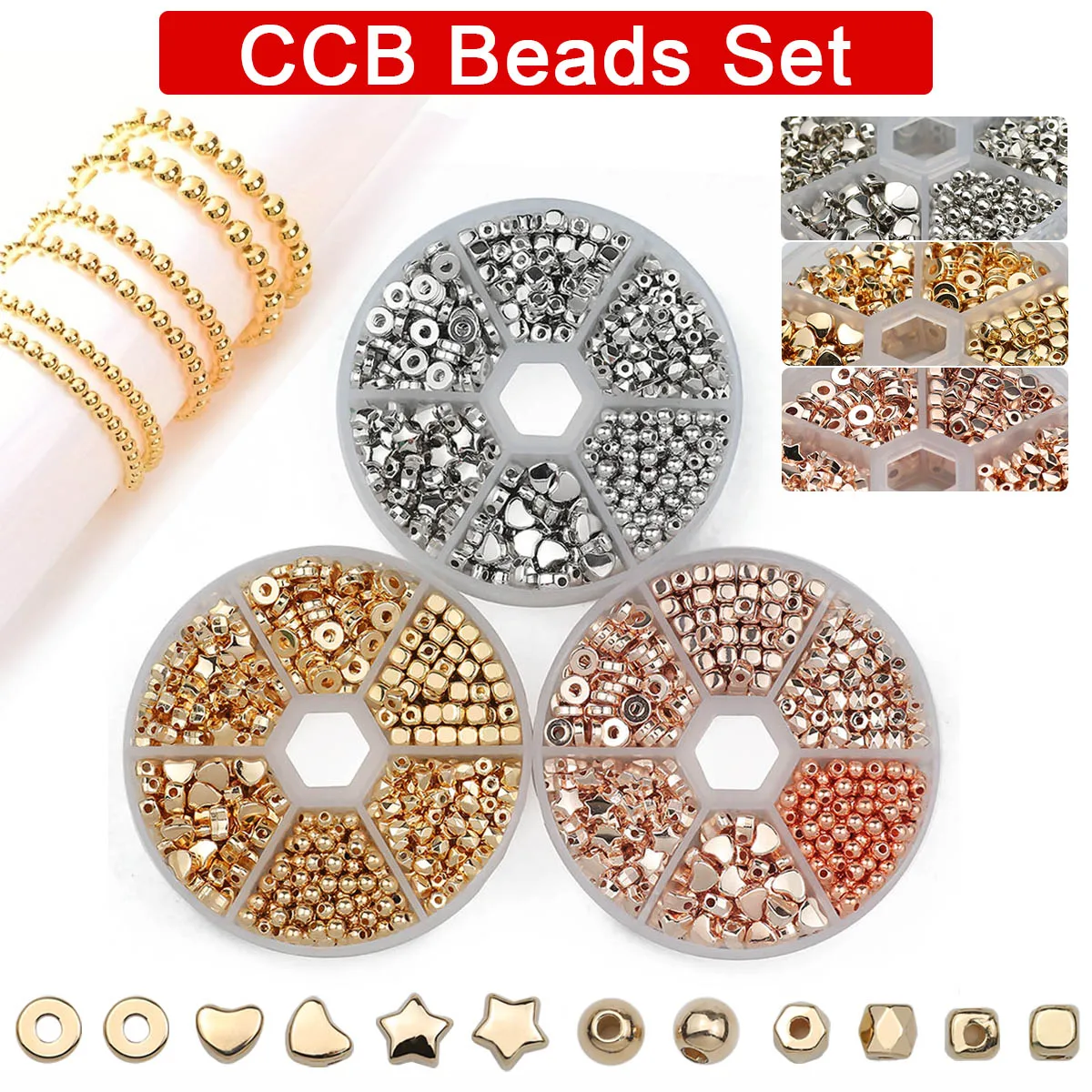 580pcs 6 Compartments 3 Colours Set Box CCB Loose beads, Heart Star Round, For Making Bracelets Necklace DIY Jewelry Accessories