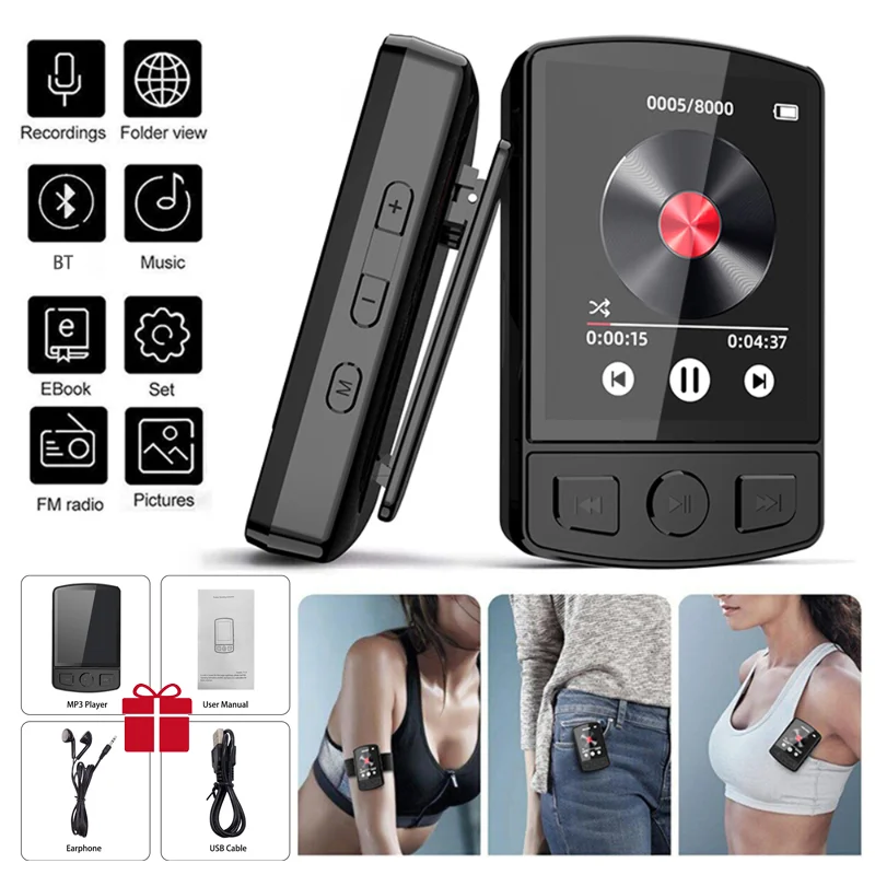 Sports MP3 Player Clip-on Mini Walkman HiFi Bluetooth Compatible 5.2 MP4 Music Player E-book/reading/FM Radio/voice/clock