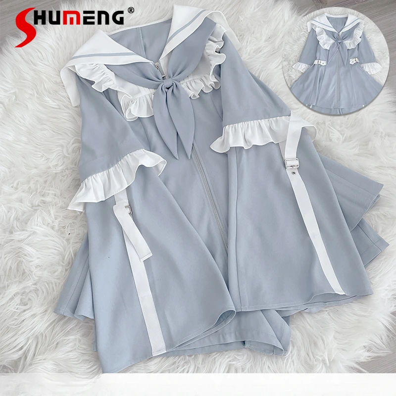 Japanese Mine Series Ladies Lace Stitching Sleeves Water Color Dress Shorts Two Pieces Suit Slim Fit Top And Short Pants Outfits