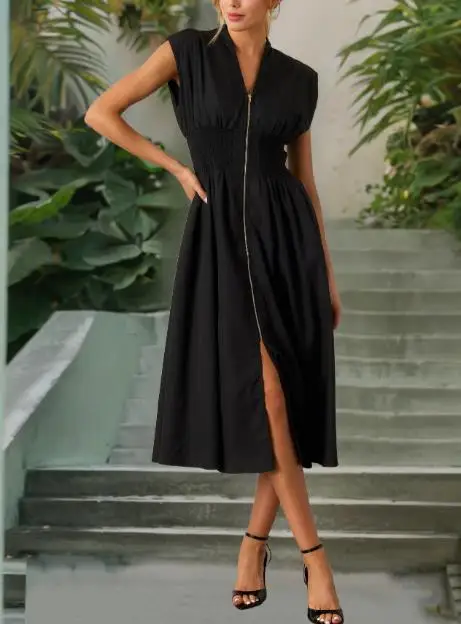 

2025 Summer New Sexy Waist Cinching Elegant V-Neck Pleated Zipper Front Dress