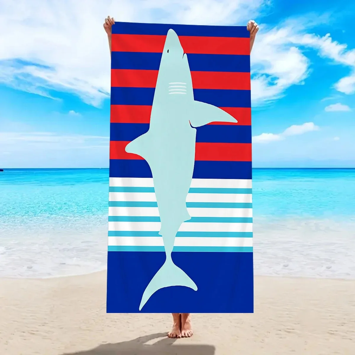 

Shark Pattern Striped Beach Towel 2D Flat Printed Peach Skin Soft Large Bath Towel For Swimming Pool Sunbathing Summer Sport