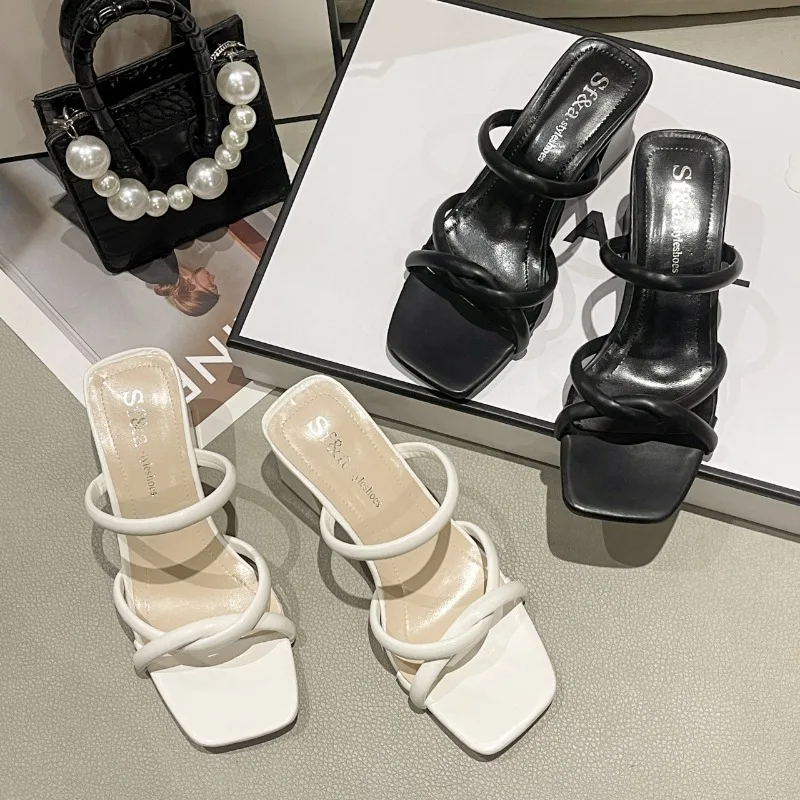 New Summer Fashion Versatile Women\'s Slippers Wear Outside Womens High Heels Retro Thick Heel Female Pumps