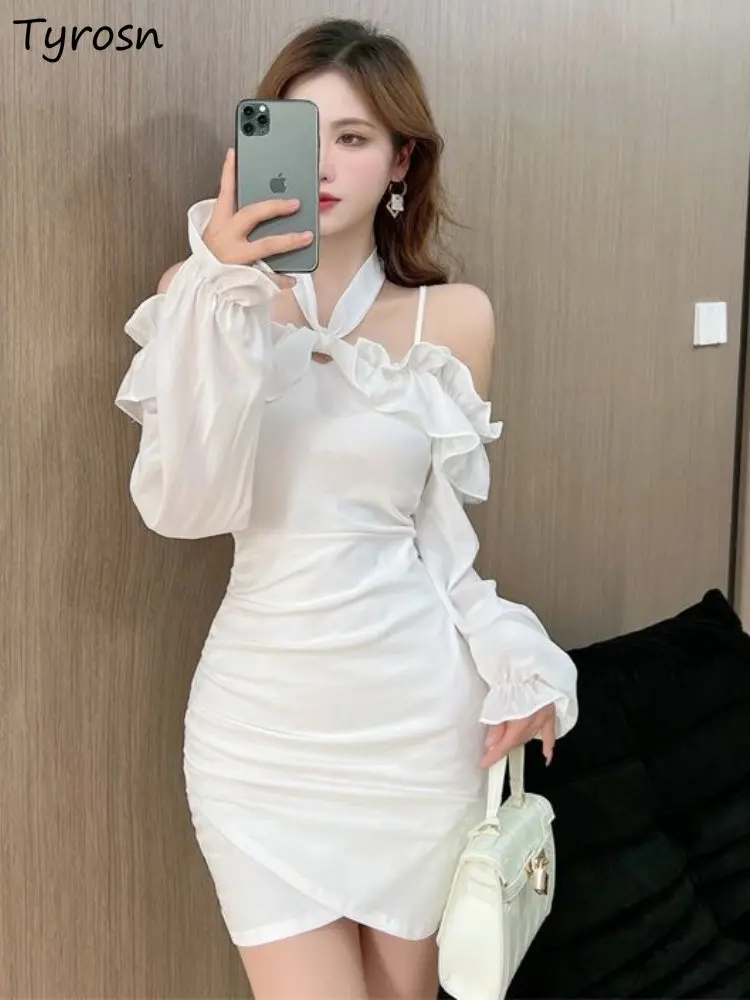 Dresses Women Elegant Fashion Sexy Ladies Ruffles Solid Simple Korean Style Summer Design Tender Off-shoulder Casual Slim Mini