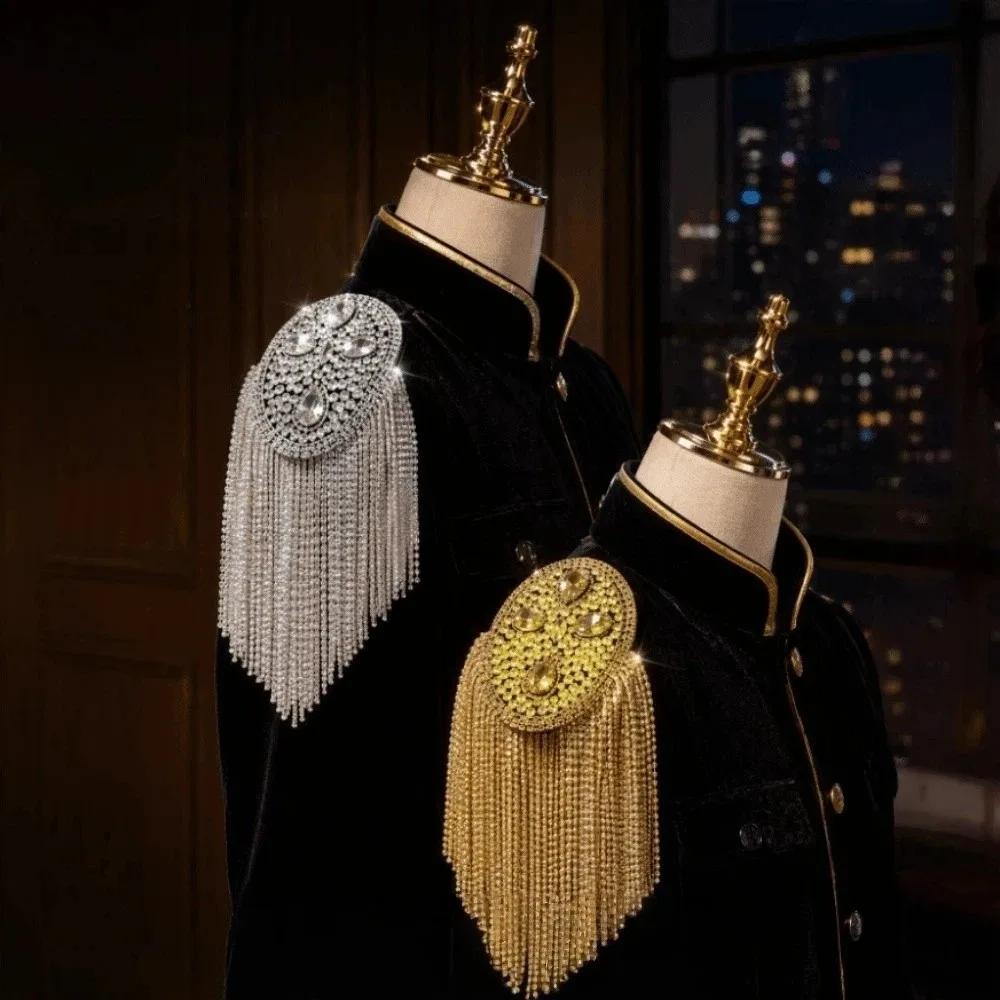 Alloy Tassel Epaulettes Rhinestone Shiny Shoulder Board Hidden Safety Pins Reinforced Stitching Shoulder Mark Marching Band