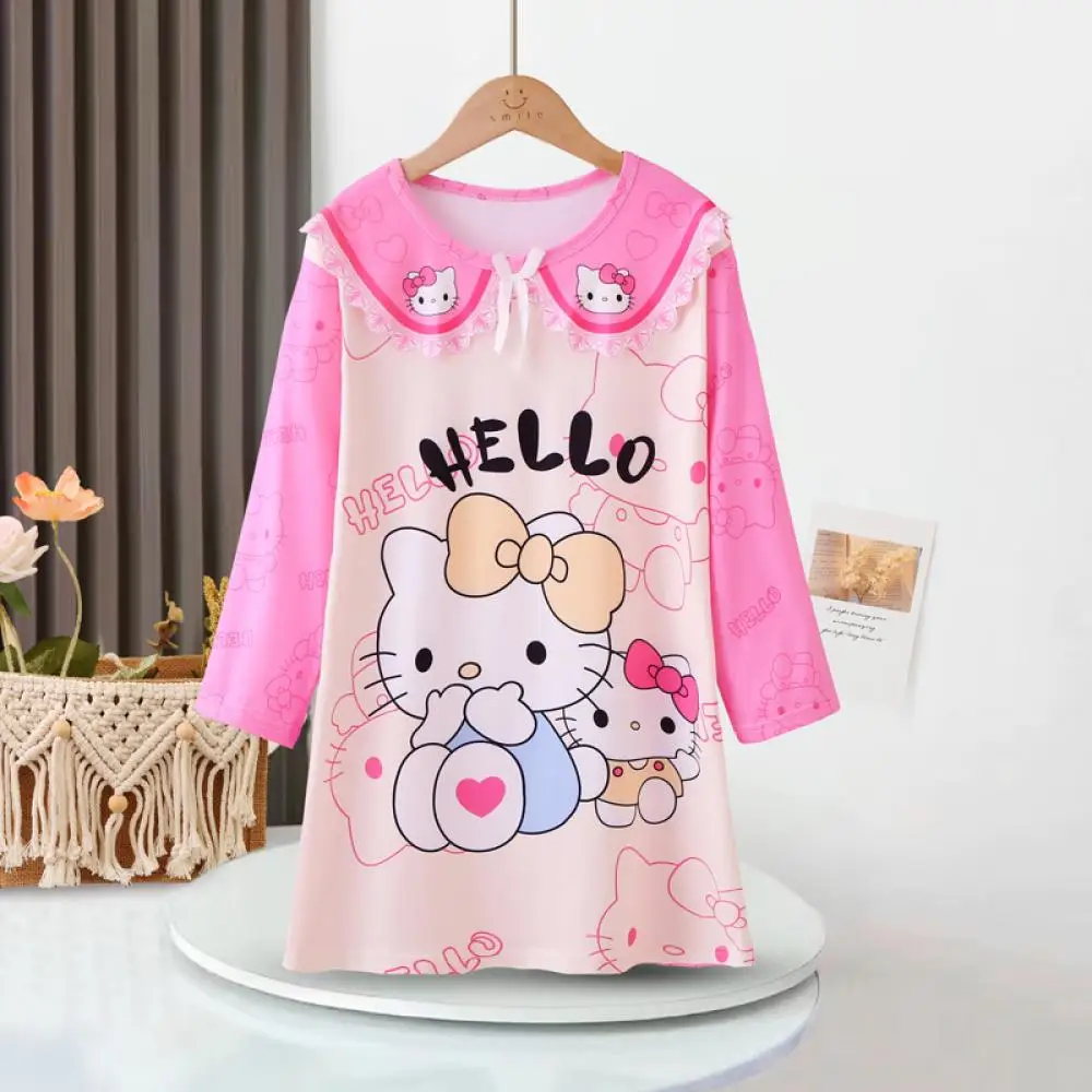 Kuromi Hello Kitty Girls' Pajama Dress My Melody Cinnamoroll Sanrio Kawaii Cartoon Kids Long Sleeved Pijamas Korean Home Clothes