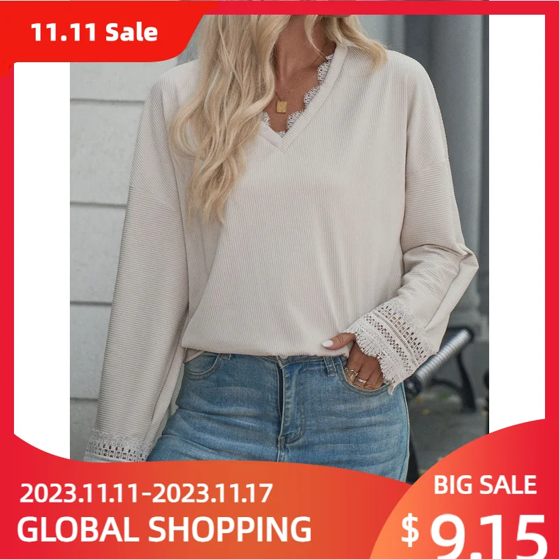 

Casual Blouse for Women Lace V-neck Solid Color Long Sleeved Top Commuting Style Loose Slim Temperament Simple Female Clothes