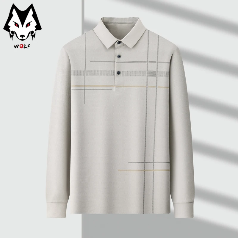 New Men's Business Casual Long Sleeved Printed Polo Shirt Fashionable Breathable Comfortable Versatile Top for All Seasons