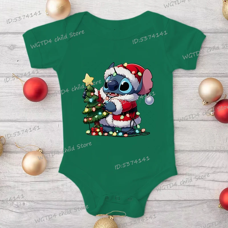 

Baby Onesie Cute Stitch Christmas Santa Hat Tree Lights Soft Short-Sleeve Romper with Cartoon Print Newborn Girl Boy Bodysuits