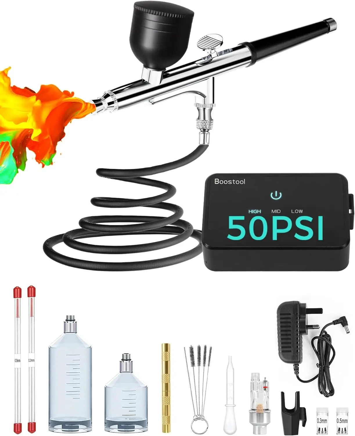 

Portable Airbrush Kit with Compressor, 50 PSI, 3 Nozzles for Painting, Makeup, Cake Decor