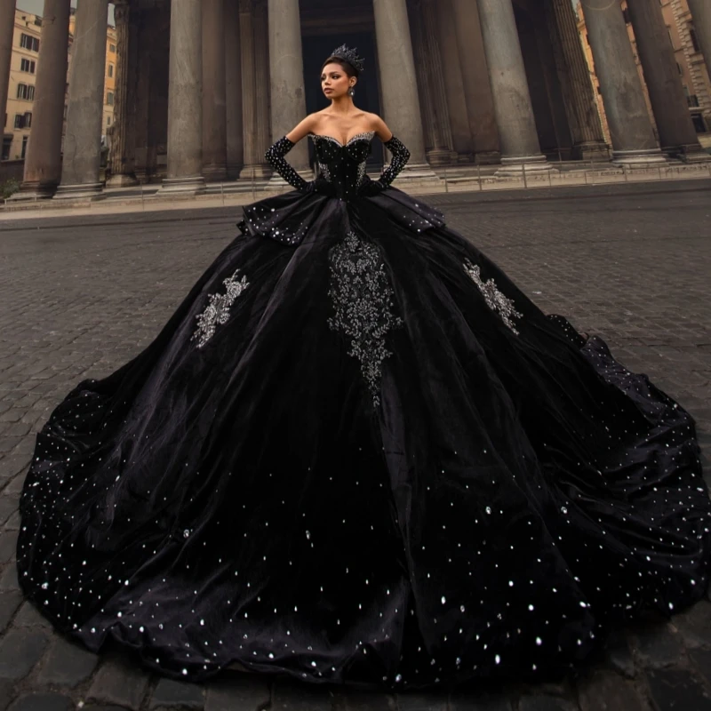 

Black Ball Gown Quinceanera Dresses 2026 Applique Lace Beading Crystal Bow Corset Off Shoulder Sweet 16 Dress Vestidos De 15