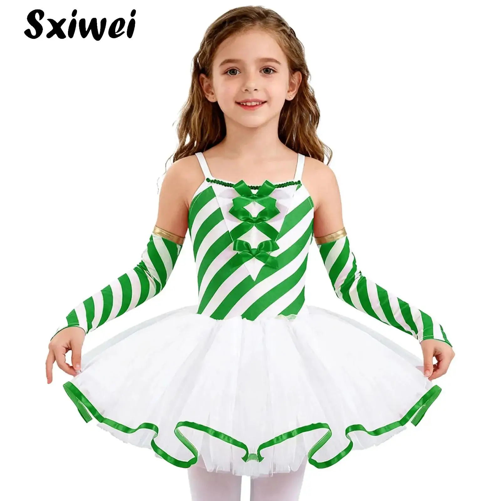 

Girls Candy Cane Mrs Santa Claus Costume Christmas Dance Figure Ice Skating Tutu Dress Ballet Leotard Set Performance Dancewear