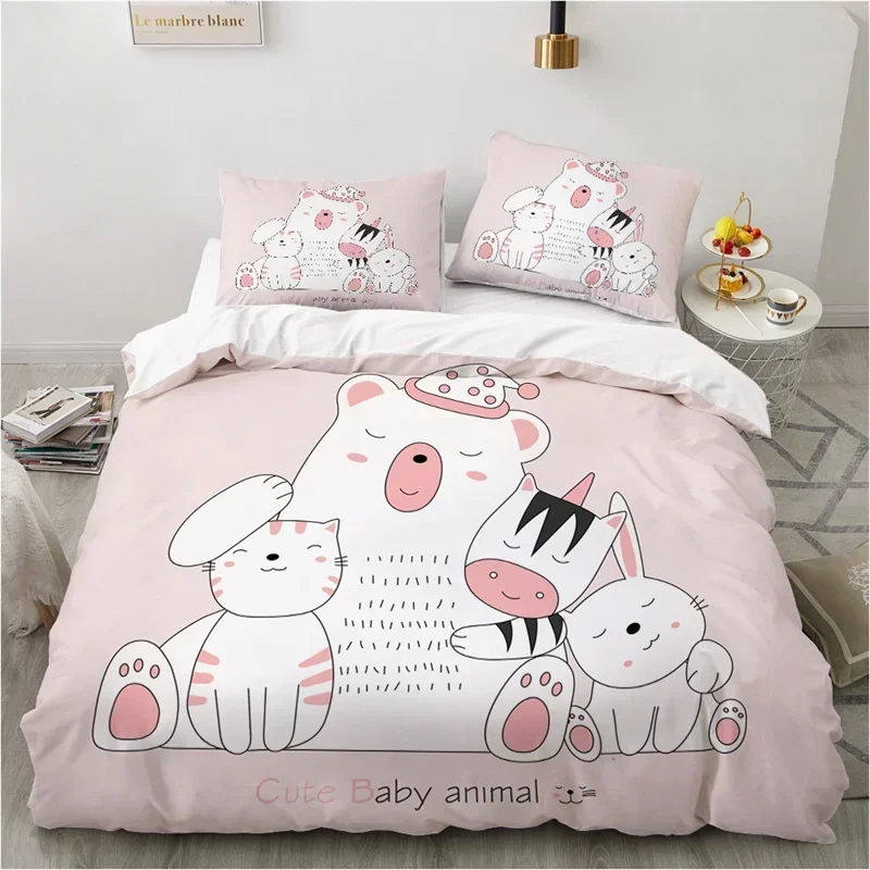 

Cute Cartoon Animals Pink Toddler Funny Cat Comfortable Duvet Quilt Cover Pillowcase Bedding Set Bedroom Decoration Home Textile