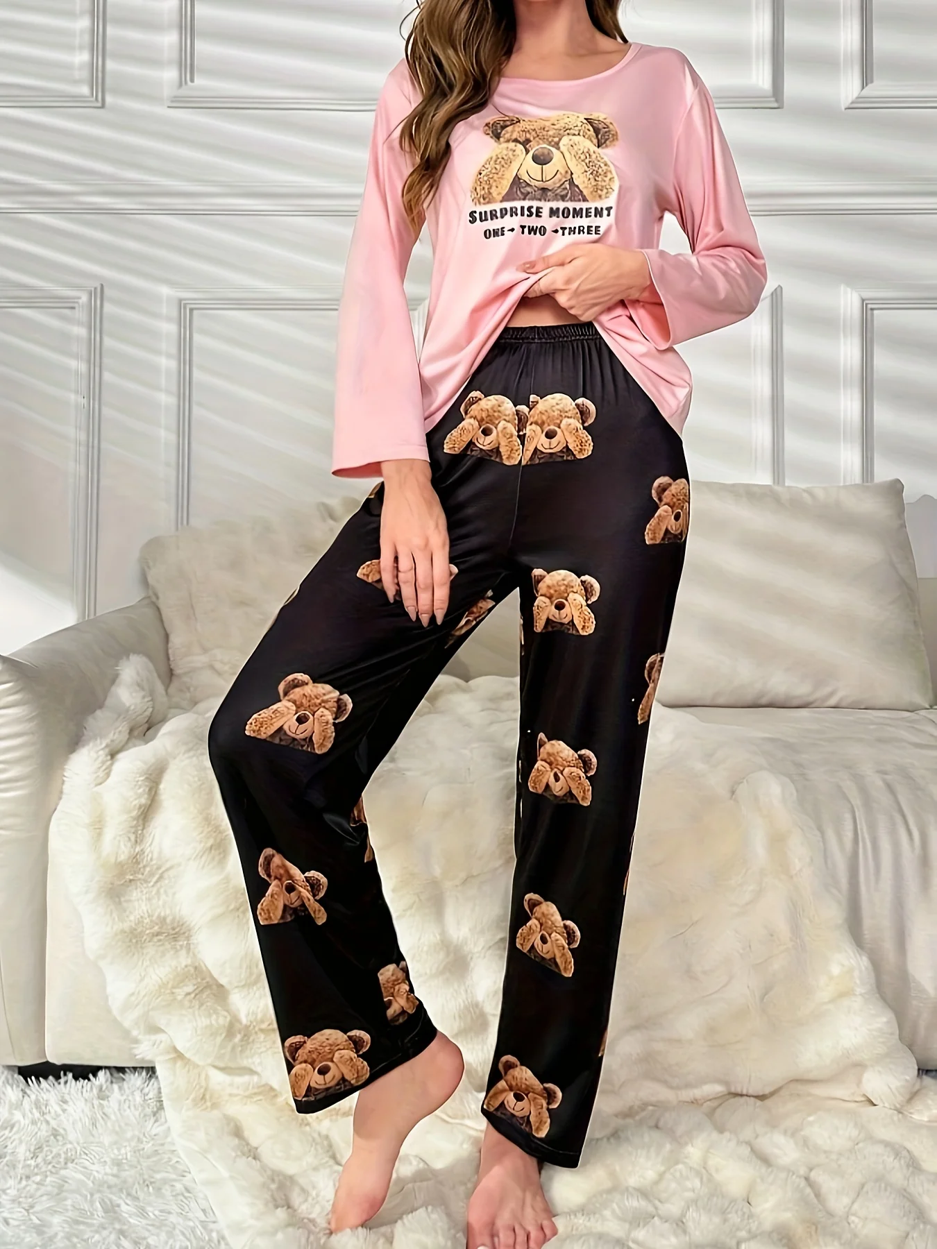 Ladies\' Bear print casual pajama set with long sleeve crew-neck top and pants