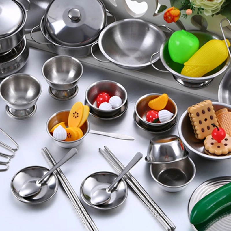 77HD 25Pcs Stainless Steel Kids House Kitchen Children Pretend for Play Cookware