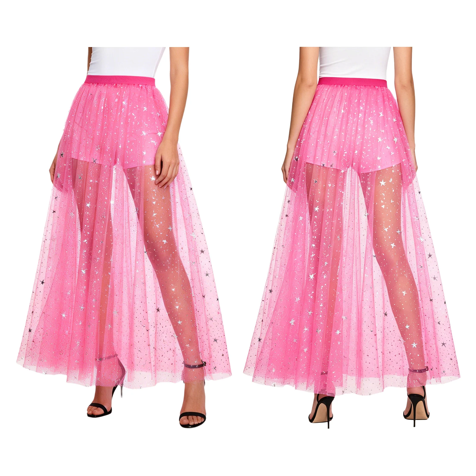 Women Metallic Shiny Star Print Sheer Mesh Skirt Elastic High Waist Skirt Bikini Cover-ups for Party Club Streetwear Beachwear