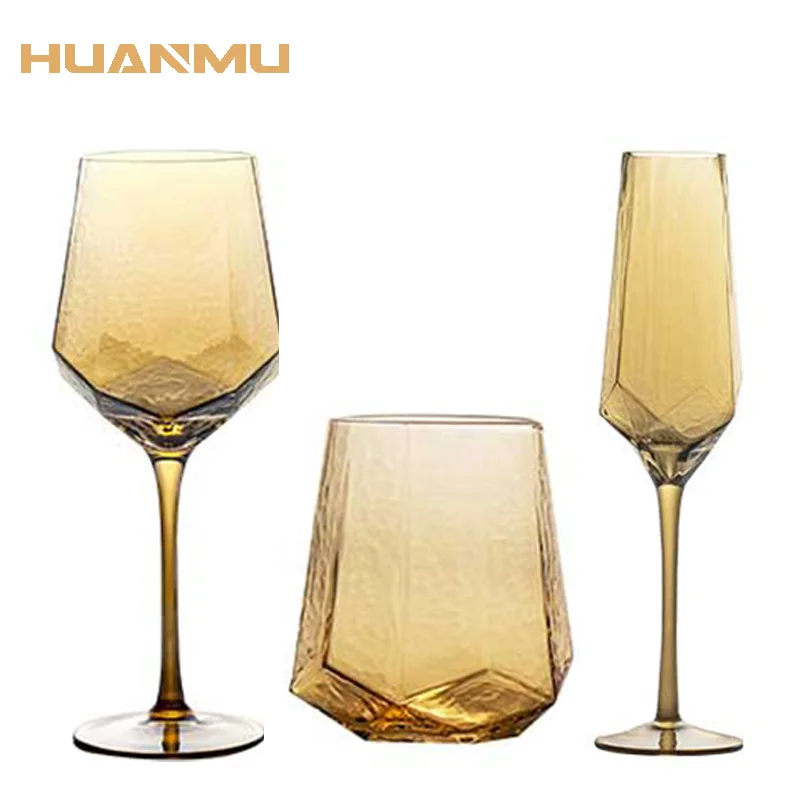 

Light Luxury Gold Amber Champagne Goblet Wine Glasses Nordic Colored Home Lead-free Crystal Glass Hammered Diamond Whisky Cup