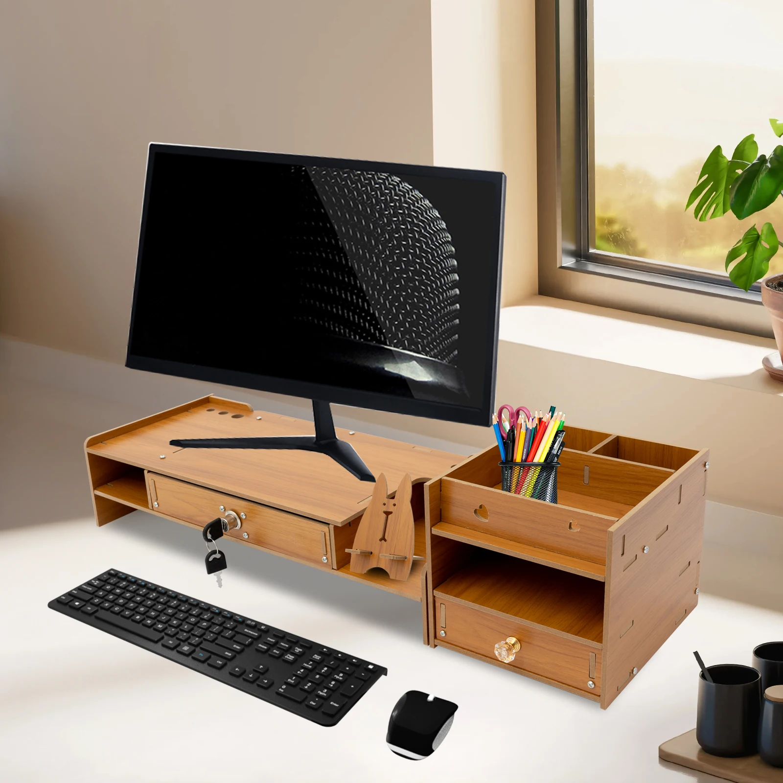 حامل شاشة سطح المكتب، حامل شاشة، حامل معزز لشاشة الكمبيوتر، لون خشب الكرز/أسود #2