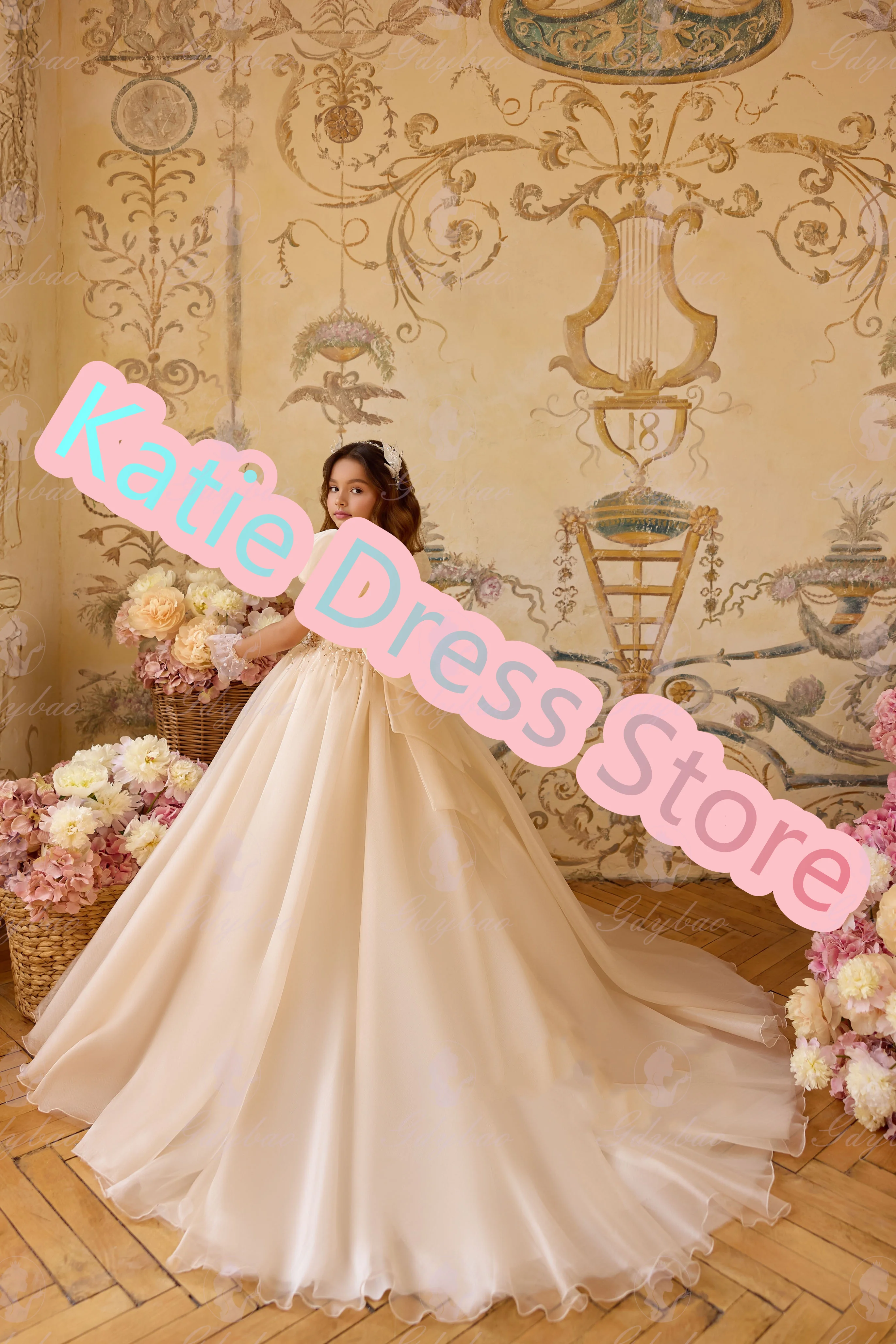 결혼식을위한 우아한 꽃의 소녀 드레스 Applique 구슬 Tulle Puffy Kids 생일 파티 첫 성찬식 공 가운 맞춤형