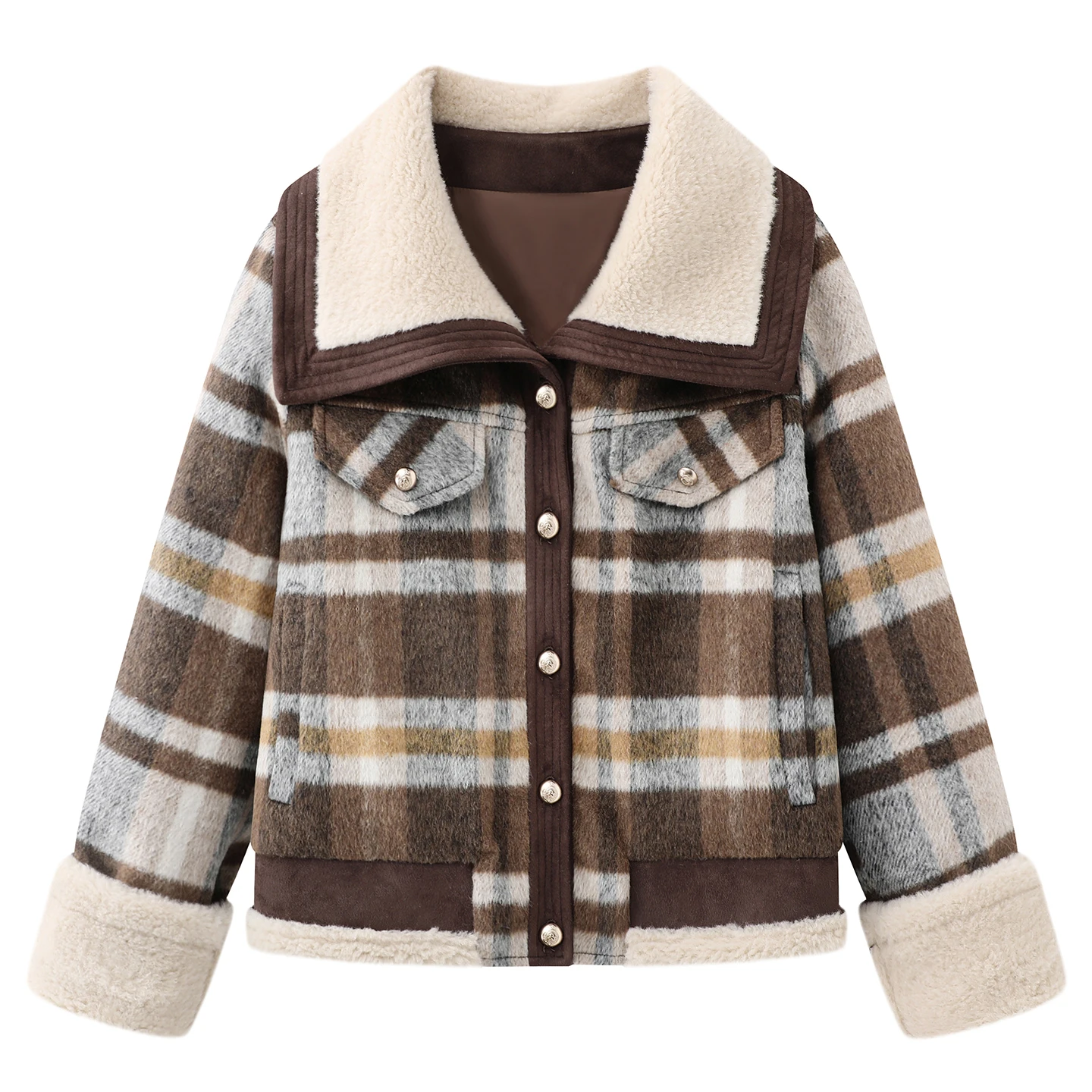 Women's New Winter Casual Short Jacket Retro Plaid Coffee Quilted Outerwear Fuzzy Collar Color-block Design Preppy Trendy Coat