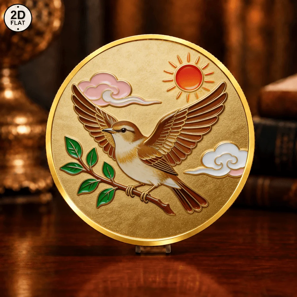 1pc Sunrise Goddess Metal Commemorative Coin Color Print Sky Goddess & Bird on Branch Challenge Coin Collectible Souvenir Gifts