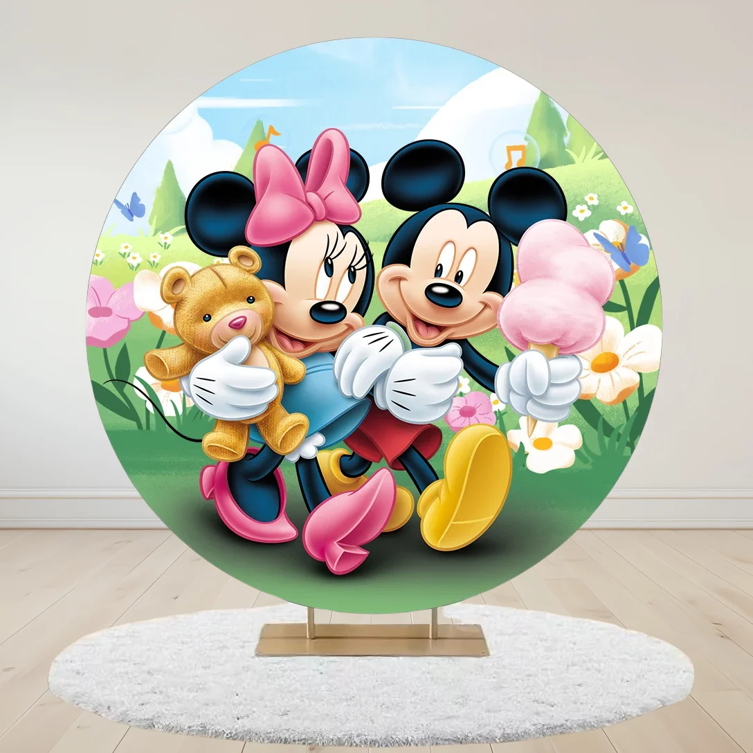 Mickey Minnie Mouse Round Backdrop 3 Cylinder Cover Elastic Background Photography Baby Shower Birthday Party Dessert Table