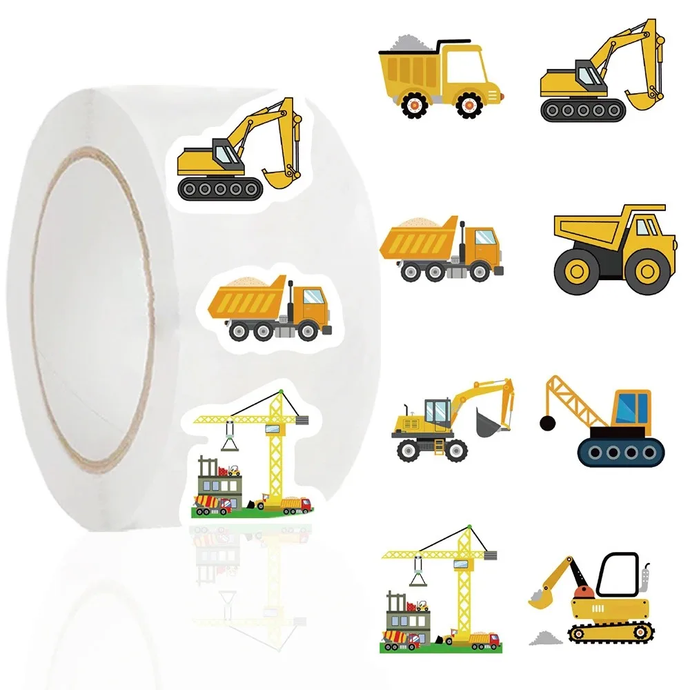 1 Roll / 500 Pcs Construction Vehicle Theme Scrapbooking Roll-On Tape DIY Journaling Supplies Decorative Envelope Sealing Tape