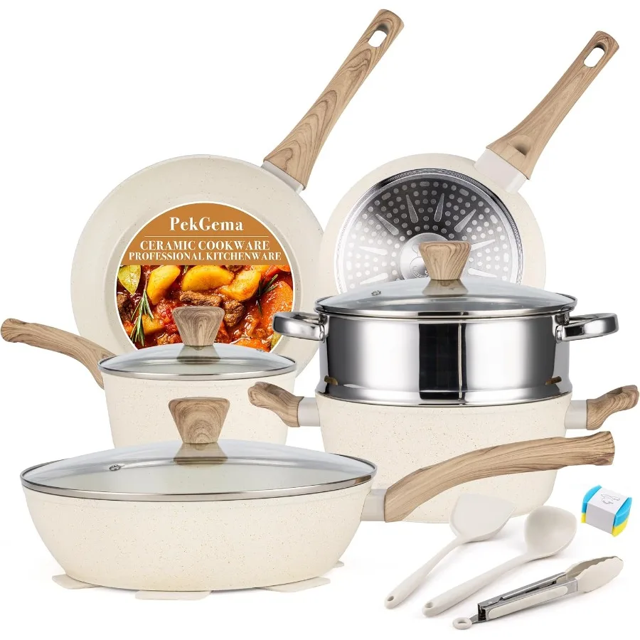 

14 Pcs Ceramic Cookware Sets Pots and Pans Set Nonstick Non Toxic Healthy Non stick Kitchen Cooking Set for Induction Stovetop