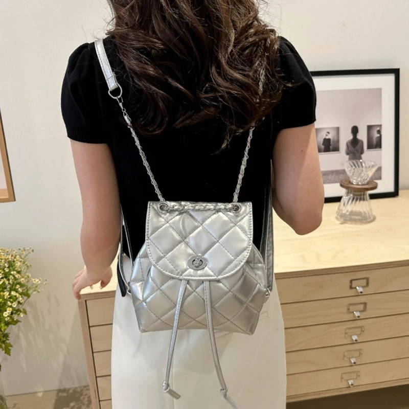 Elegant Quilted Mini Backpack for Women, Versatile Shoulder Bag, Silver Chain Flap Cover Small Daypack for Daily Casual Outing