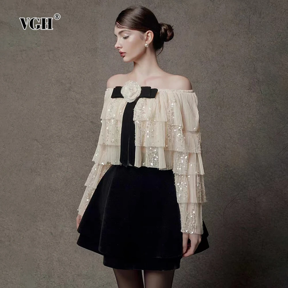 

VGH Elegant Vintage Hit Color Two Piece Sets For Women Slash Neck Off The Shoulder Sleeve Top High Waist Skirt Sweet Set Female