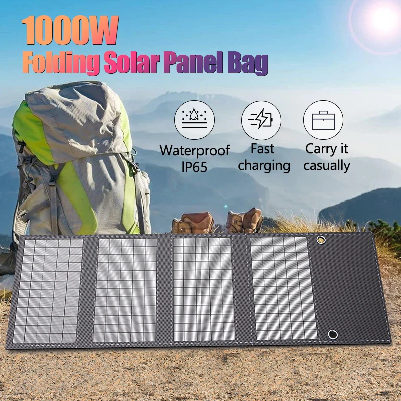 1000W Solar Panel Portable Folding Bag USB+DC Output Solar Charger Outdoor Power Supply for Home Mobile Phone Power Generator