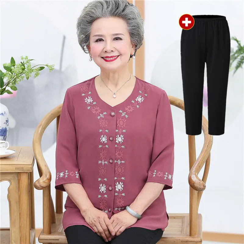 Grandma Clothes Spring Summer O-Neck Blouse Mother Three Quarter Sleeves Chiffon Shirts Elderly Women Blusa Embroidery Tops Sets