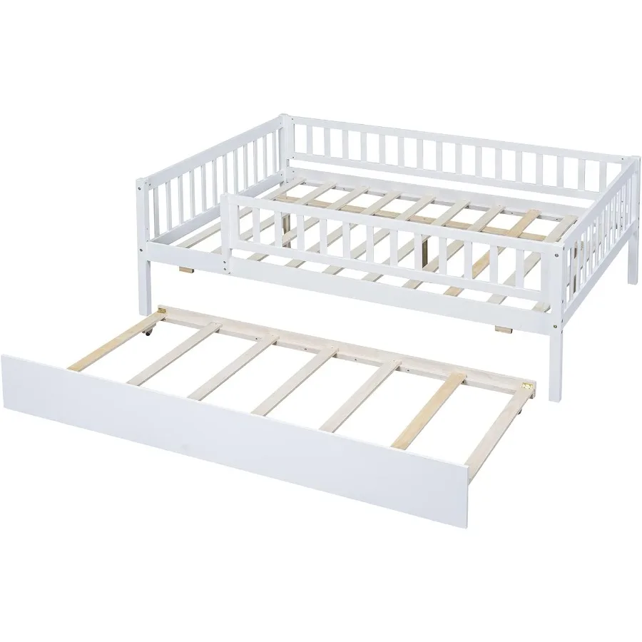 Full Size Daybed with Trundle Wood Full Platform Bed Frame with Rails No Box Spring Needed Easy Assembly for Bedroom or Guest R