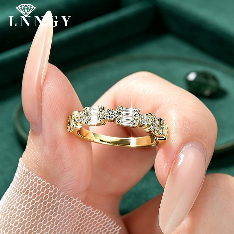 Lnngy Certified Half Eternity Moissanite Ring 14K Gold Filled Art Deco Geometric Wedding Rings For Women Party Jewelry Gift