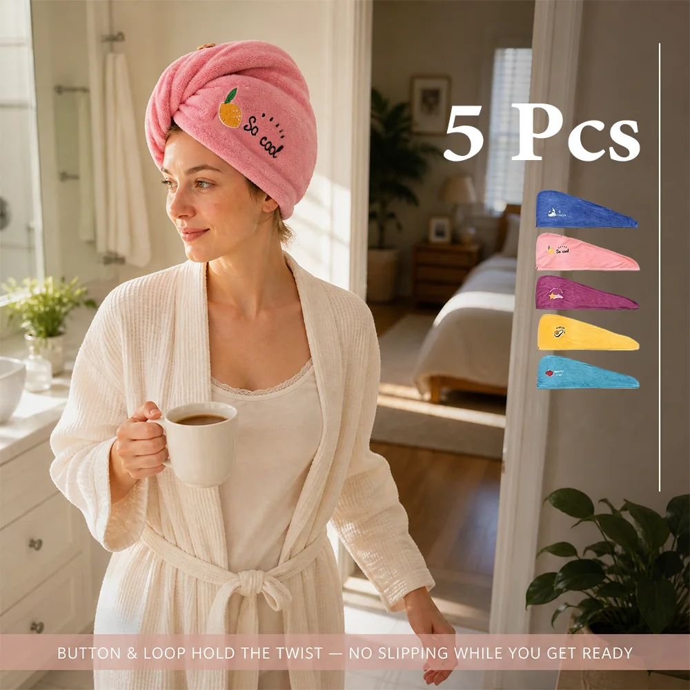 1/5 Pcs Microfiber Hair Towel Wrap for Women, Absorbent Quick Dry Coral Fleece Hair Turban with Button, Twist Wrap Curly Hair