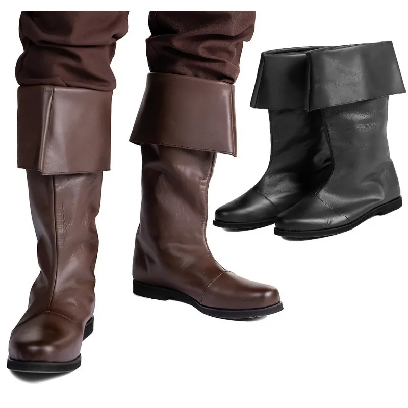 Medieval Unisex Mid-Calf Flat Boots, Viking Gothic Pirate Style Performance Boots, Halloween Cosplay Costume Boots