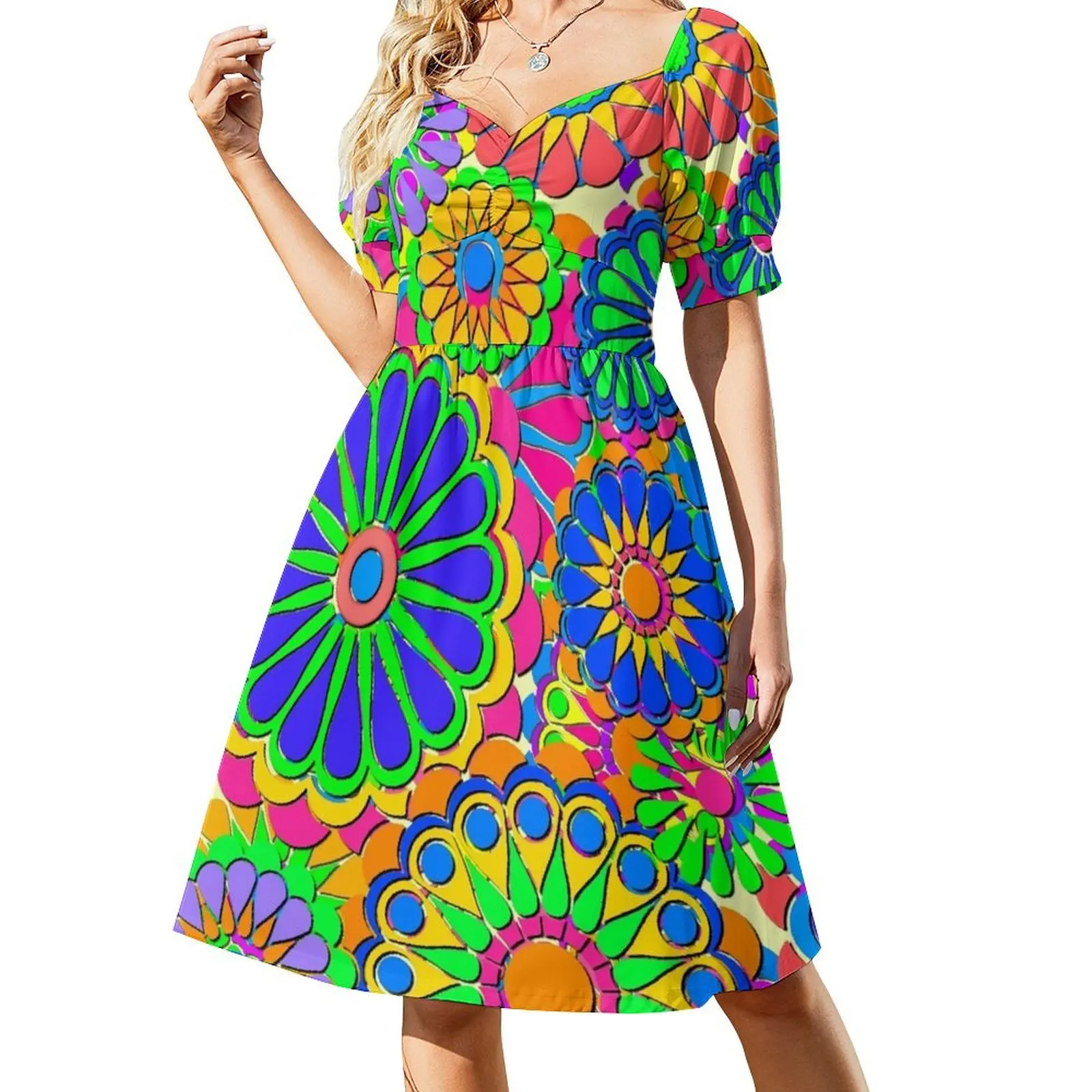 

Bright Colorful Flower Power Hippy Retro Style Short Sleeved Dress ladies dresses for special occasion Cocktail of dresses Dress